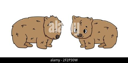 Set von zwei Vektor niedlichen Umriss braun Wombats. Isolierte Cartoon-Tiere auf weißem Hintergrund, Seitenansicht. Erstens lächelt, zweitens schließt die Augen, ist glücklich Stock Vektor
