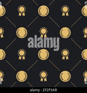 Lorbeerkranz und Abzeichen nahtlos in Muster. Hintergrund mit goldenem Emblem, Vektorgrafik Stock Vektor