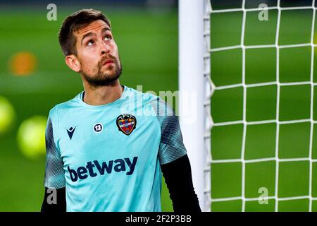 12-03-2021: Voetbal: Levante UD gegen Valencia CF: Valencia VALENCIA, SPANIEN - 12. MÄRZ: Torwart Aitor Fdez von Levante UD während des La Liga-Spiels zwischen den beiden Stockfoto