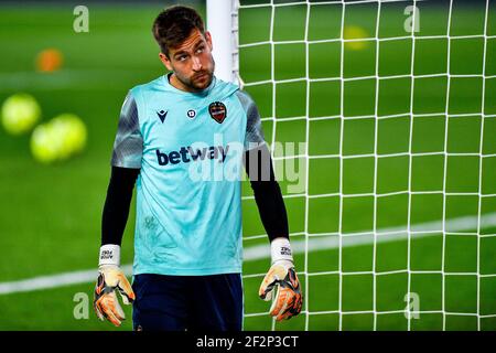 12-03-2021: Voetbal: Levante UD gegen Valencia CF: Valencia VALENCIA, SPANIEN - 12. MÄRZ: Torwart Aitor Fdez von Levante UD während des La Liga-Spiels zwischen den beiden Stockfoto