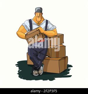 Starke Lieferung bewegen Dienst arbeitenden Menschen mit Karton Boxen print Vektor-illustration Stock Vektor