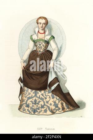 Edle Dame von Venedig, 16th Jahrhundert. Mit gefärbtem blondem Haar, braunem Satingewand über einem reichen Brokatkleid, gestärkten weißen Musselin Schleier. Edle Dame de Venise. Handkolorierte Lithographie von Jules Jacquet nach einer Illustration von Edmond Lechevallier-Chevignard aus Georges Duplessis Costumes historiques des XVIe, XVIIe et XVIIIe siecles (Historische Kostüme des 16th., 17th. Und 18th. Jahrhunderts), Paris, 1867. Edmond Lechevallier-Chevignard war Künstler, Buchmaler und Innenarchitekt. Stockfoto