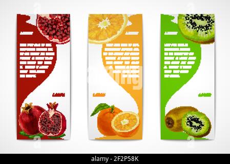 Natürliche Bio tropische Früchte vertikale Banner Satz von Granatapfel-orange Kiwi-Design-Vorlage-Vektor-illustration Stock Vektor