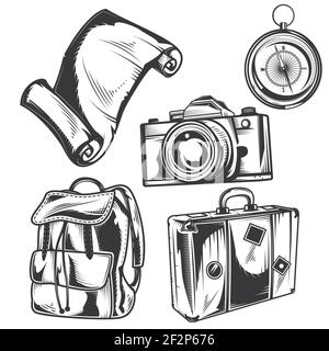 Set von Reise-Set (Kamera, Kompass, Rucksack etc.) für die Erstellung Ihrer eigenen Abzeichen, Logos, Etiketten, Plakate etc. Isoliert auf weiß. Stock Vektor