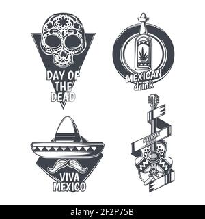 Set von mexikanischen Emblemen, Etiketten, Abzeichen, Logos. Isoliert auf Weiß Stock Vektor