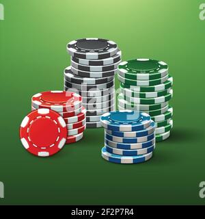 Vektor realistische rot, schwarz, blau, grün Casino Chips Stacks Seitenansicht isoliert auf Pokertisch Stock Vektor