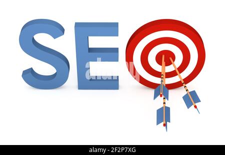 Wort SEO mit Ziel und drei Pfeile, isoliert auf weißem Hintergrund. 3D Rendern. Stockfoto