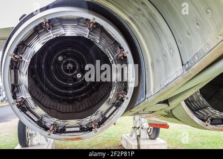 Nahaufnahme der Motorabgase eines Mitsubishi F-1 Düsenjägers der japanischen Air Self-Defense Force auf der Nara Base in Nara, Japan Stockfoto
