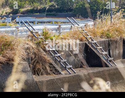 2 Metallleitern auf einer Betonplatte, ermöglichen es den Fischern, wieder auf die Straße zu kommen. Stockfoto