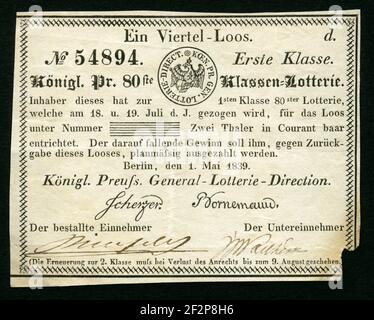 Europa, Deutschland, Berlin, Los der Königlich Preußischen Klassenlotterie, ein viertel Los, erste Klasse, das Los wurde am 18. Und 19. Juli 1839 gezogen, herausgegeben wurde das Los von der Königl. Preuss. General-Lotterie-Direction am 1. Mai 1839, Größe: 9,5 cm x 7,6 cm. / Europa, Deutschland, Berlin, Lotterie der Royal Preussian Lottery Company, ein Lotterieschein aus dem Jahr 01. 05. 1839, ein Viertel Lotterie-Ticket, Größe: 9,5 cm x 7,6 cm . Stockfoto