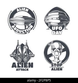 Set von UFO-Emblemen, Etiketten, Abzeichen, Logos. Isoliert auf Weiß Stock Vektor