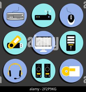 Business-Computer-Symbole Satz Arbeitsplatz-Desktop mit Lautsprechern Drucker Und Wireless-Netzwerk-Router isolierte Vektor-Illustration Skizze Stock Vektor