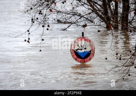 Duisburg, Nordrhein-Westfalen, Deutschland - Hochwasser am Rhein, die Bäume am Deich im Landkreis Marxloh stehen unter Wasser. Stockfoto