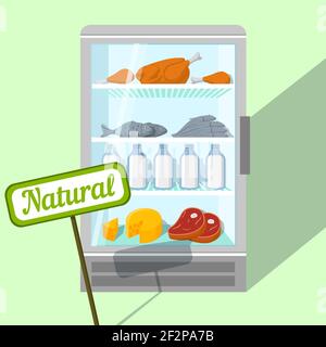 Natürliche Lebensmittel Huhn Fisch Fleisch und Molkerei Produkte im Kühlschrank-Vektor-illustration Stock Vektor