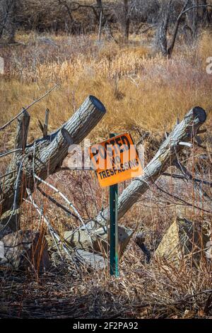 Bent no Trespassing Zeichen auf Metallpfosten wird von geschnittenen Abschnitten von Baumwollbaumgliedern, Castle Rock Colorado USA, eingerahmt. Foto aufgenommen im März. Stockfoto