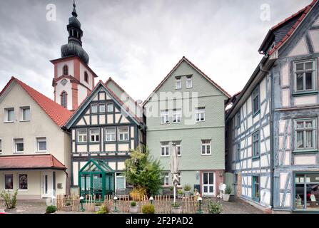 Hausansicht, Fachwerkhaus, historische Altstadt, Altstadt Salmünster, Bad Soden-Salmünster, Kinzigtal, Hessen, Deutschland, Europa Stockfoto