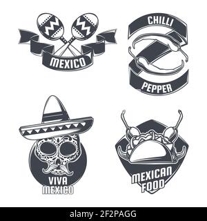 Set von mexikanischen Emblemen, Etiketten, Abzeichen, Logos. Isoliert auf Weiß Stock Vektor