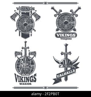 Satz von wikinger-Emblemen, Etiketten, Abzeichen, Logos. Isoliert auf Weiß Stock Vektor