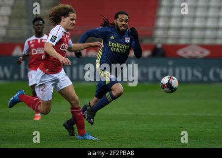 Reims, Marne, Frankreich. März 2021, 12th. Reims Defender WOUT FAES in Aktion während der französischen Meisterschaft Fußball Ligue 1 Uber isst Stade de Reims gegen Olympique Lyonnais im Auguste Delaune Stadion - Reims.Drawn match 1:1 Credit: Pierre Stevenin/ZUMA Wire/Alamy Live News Stockfoto