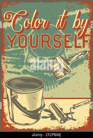 Posterdesign mit Illustration eines Eimers mit Farbe und Pinsel auf Vintage-Hintergrund. Stock Vektor