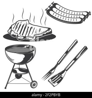 Set von bbq-Elementen: Grill, Fleisch, Gabel, Würstchen für die Erstellung Ihrer eigenen Abzeichen, Logos, Etiketten, Plakate etc. Isoliert auf weiß. Stock Vektor