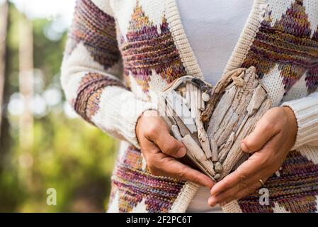 Wintersaison Konzept und Liebe Natur mit unkenntlichen Frau halten Ein Baum aus Holzstücken mit grünem Wald Im Hintergrund - retten Planeten und schützen Natur Outdoor-Konzept Stockfoto