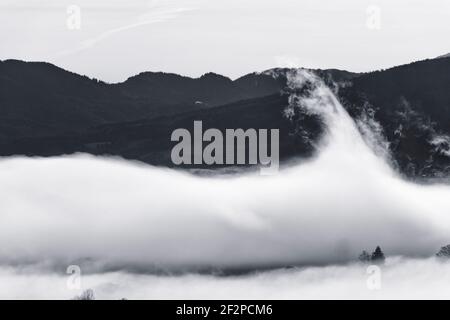 Aufsteigender Nebel über den Mooren des Loisach-Kochelsee Stockfoto