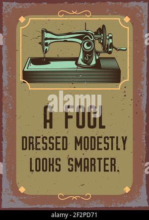 Posterdesign mit Illustration einer Nähmaschine auf Vintage-Hintergrund. Stock Vektor