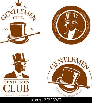 Retro Herren Club Embleme, Etiketten, Abzeichen. Gentleman Fashion, Logo Gentleman, Aristokrat Club Gentleman, Zylinder Gentleman, Label Stock Vektor