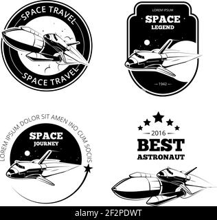 Vintage Astronaut Vektor-Etiketten, Abzeichen und Embleme Set. Rocket Label, vintage Label Abzeichen, Flugrakete, Start Rakete Shuttle, Schiff Reise Label Stock Vektor