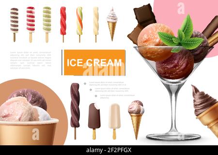 Realistische Eiscreme-Kollektion mit Lollipop-Fruchtkaramell Eiscreme-Eis-Eis Bunte Kugeln Minze Blätter und Schokoriegel in Glas Vektor Illustrati Stock Vektor