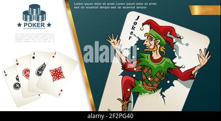 Realistische Poker bunte Komposition mit Joker Asse Pik Herzen Kreuz und Diamanten spielen Karten Vektor-Illustration Stock Vektor