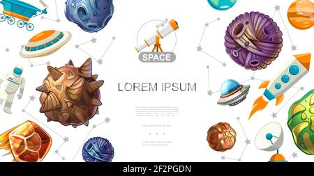 Raum und Universum Konzept mit Cartoon Fantasy Planeten Asteroiden Meteore Und Astronaut ufo Lunar Rover Teleskop Rakete Satelliten in flach Typ vecto Stock Vektor