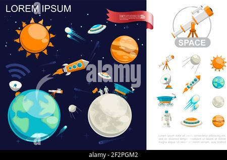 Flachraumkonzept mit Planeten Sonnen-Astronauten auf Mond-Raumschiff ufo Satelliten Kometen und bunte kosmische Symbole Vektor-Illustration Stock Vektor