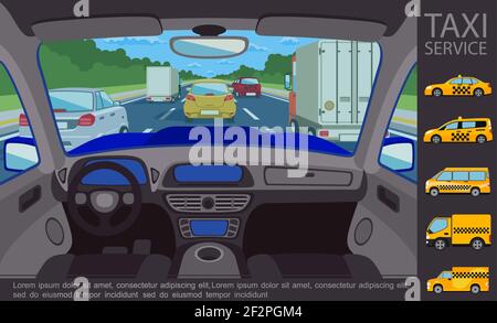 Flat Taxi Service-Konzept mit Automobil Innenansicht Autos bewegen Auf der Straße und verschiedene Arten von Taxi-Fahrzeuge Vektor-Illustration Stock Vektor