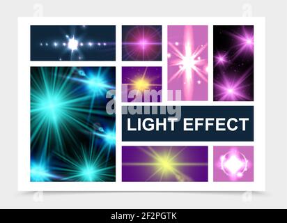 Realistische Glüh- und Lichteffekte mit glänzenden Sternen Objektiv gesetzt Flare Glitzer funkeln Effekte isoliert Vektor Illustration Stock Vektor