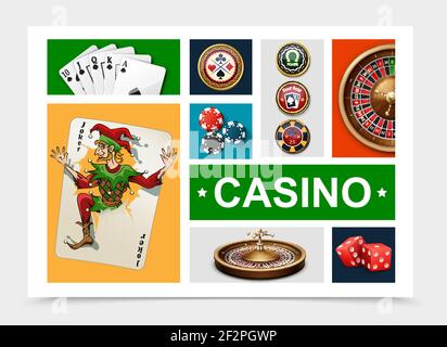 Realistische Casino Elemente Sammlung mit Spielkarten Roulette Rad Poker Chips Würfel isoliert Vektor-Illustration Stock Vektor