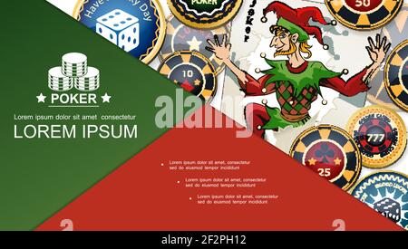 Realistische Poker helle Konzept mit Joker Spielkarte und bunt casino Chips Vektor-Illustration Stock Vektor