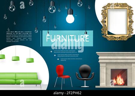 Realistische Haus Interieur Elemente Zusammensetzung mit Kamin Stühle grünes Sofa Lampen dekorativen Rahmen Lampen Vektor-Illustration Stock Vektor