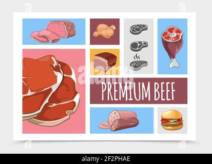 Cartoon Fleisch Lebensmittel-Sammlung mit Rindfleisch Steaks Schweinefleisch Knöchel Huhn Beine Burger Schinken Salami Vektor-Illustration Stock Vektor