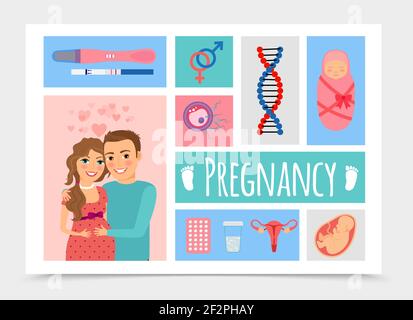 Flat neugeborenes buntes Konzept mit glücklich schwangere Frau Mann positiv Schwangerschaft Test DNA Baby Pillen weibliche Fortpflanzungssystem Vektor Illustration Stock Vektor