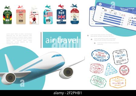 Realistisches Flugreisekonzept mit Flugzeugtickets Abzeichen und Briefmarken Von verschiedenen Ländern Vektordarstellung Stock Vektor