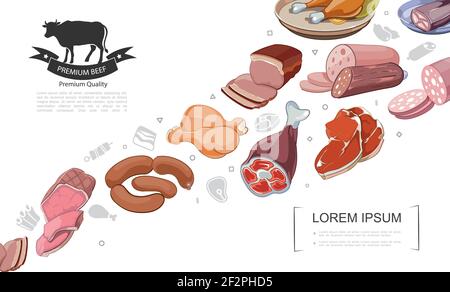 Cartoon Fleisch Food Konzept mit Schinken Sirloin Speck Würstchen Braten Hähnchenschenkel Salami Rindfleisch Steak Vektor-Illustration Stock Vektor