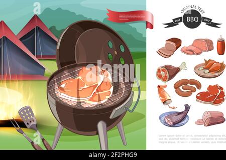 Cartoon bbq Party Konzept mit Grill Zelte Ketchup verschiedene Fleisch Und Fisch-Produkte Vektor-Illustration Stock Vektor