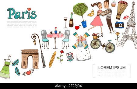 Handgezeichnetes Paris Elements Konzept mit zwei Liebhabern Eiffel Turm Triumphal Arch Windmühle Tischstühle französisch Essen Fahrrad Kleid Schuhe Kamera vecto Stock Vektor