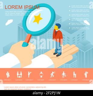 Flache Geschäftsrekrutierungs-Vorlage mit Personalmanager, der gut wählt Arbeiter und Geschäftsleute weiße Symbole Vektor-Illustration Stock Vektor