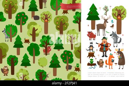 Flach schönen Wald Konzept mit niedlichen Tieren Vögel Jäger halten Waffe Bäume Pilze und Blumen Vektor-Illustration Stock Vektor
