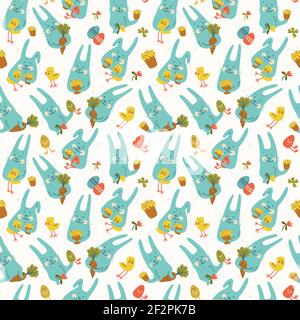Happy easter nahtlose Muster mit lustigen blauen Kaninchen halten Hühner Eier Karotten und Blumen auf weißem Hintergrund Doodle Vektor-Illustration Stock Vektor
