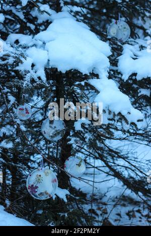 DIY Winter Projekt gefrorene Baum Anhänger mit Beeren und Blättern Stockfoto