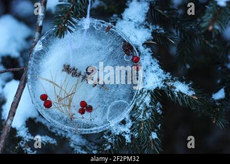 DIY Winter Projekt gefrorene Baum Anhänger mit Beeren und Blättern Stockfoto